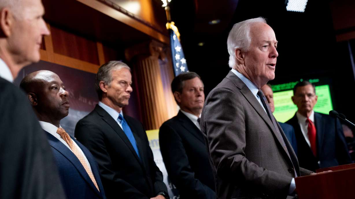 Sen. John Cornyn, R-Texas, second from right, accompanied by other Senate Republicans, speaks on Capitol Hill in Washington, Sept. 29, 2021. Thune is among a handful of senators seeking the Majority Leader position.