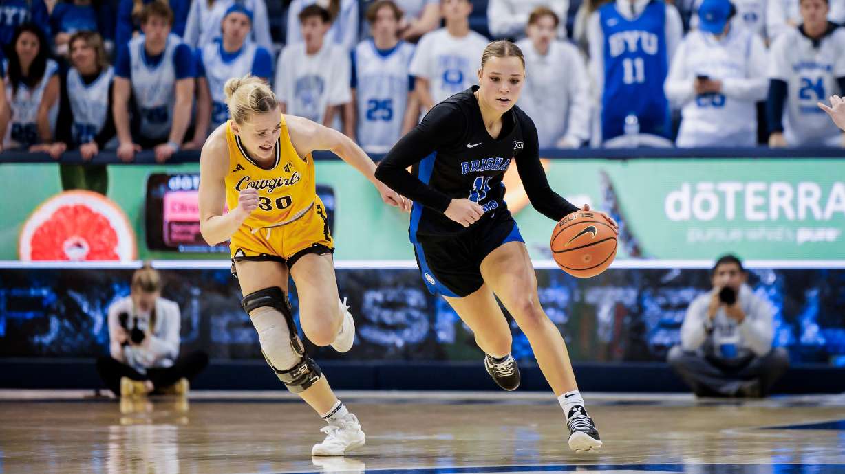 BYU guard Delaney Gibb dribbles up the court against Wyoming, Saturday, Nov. 9, 2024 at the Marriott Center in Provo, Utah.