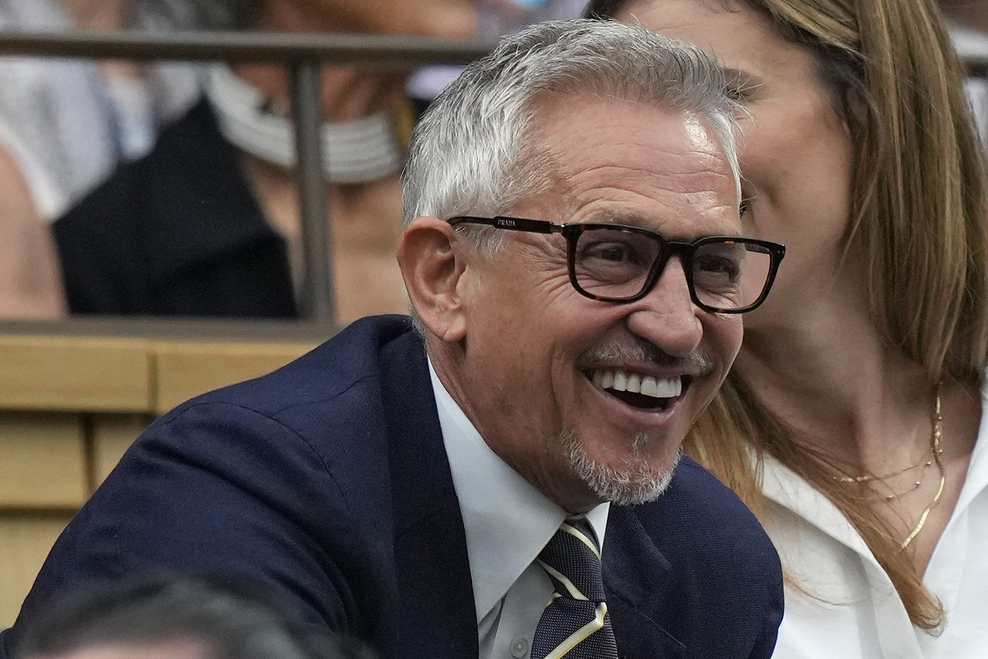 FILE - Gary Lineker, sports broadcaster and former England soccer player smiles as he takes his seat in the Royal Box on Centre Court on day six of the Wimbledon tennis championships in London, Saturday, July 8, 2023.