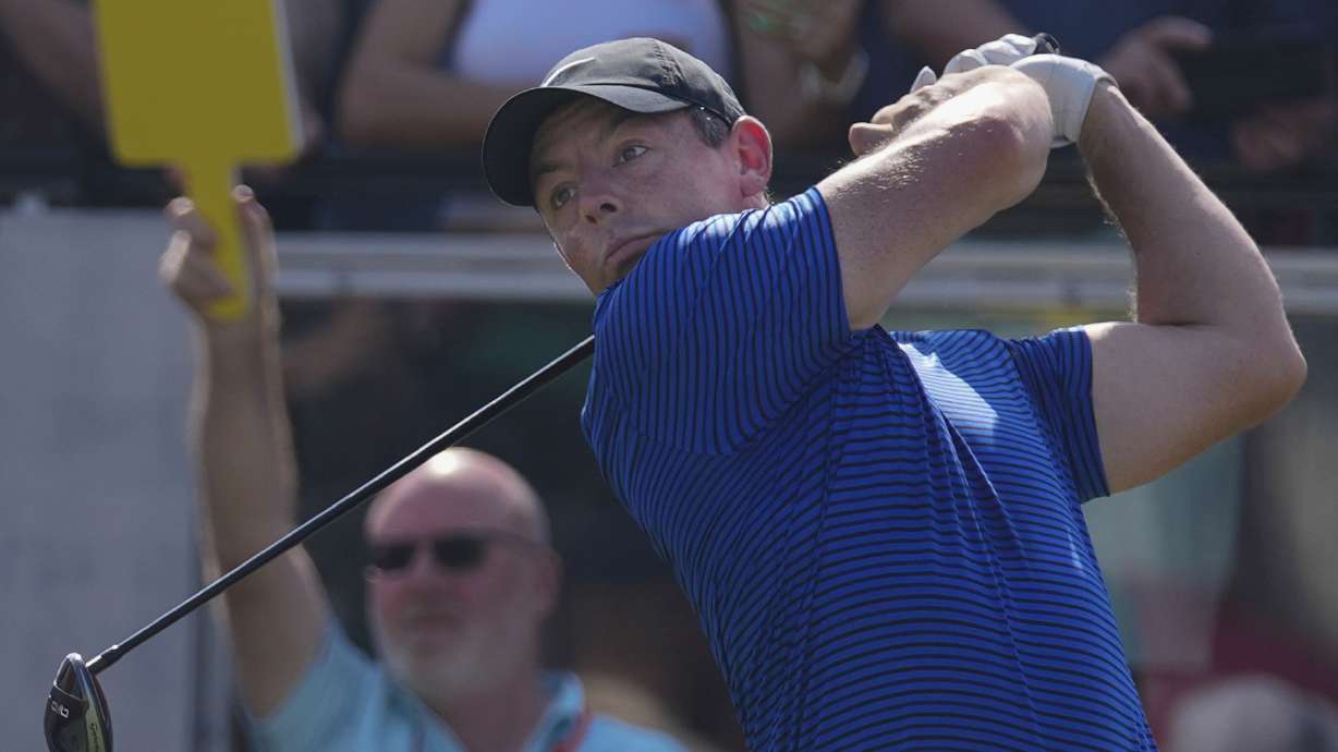 Rory McIlroy of Northern Ireland tees off at the 1st hole during the third round of Abu Dhabi Golf Championship in Abu Dhabi, United Arab Emirates, Saturday, Nov. 9, 2024.