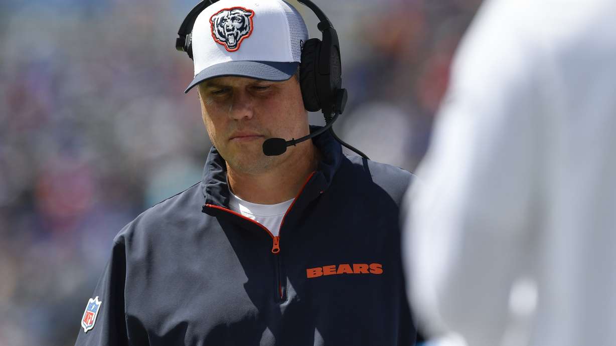 FILE - Chicago Bears offensive coordinator Shane Waldron walks the sideline during the second half of a preseason NFL football game against the Buffalo Bills in Orchard Park, N.Y., Aug. 10, 2024.