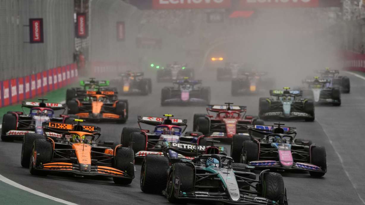 George Russell, of Britain, leads on his Mercedes after the start of the Brazilian Formula One Grand Prix at the Interlagos race track in Sao Paulo, Brazil, Sunday, Nov. 3, 2024.