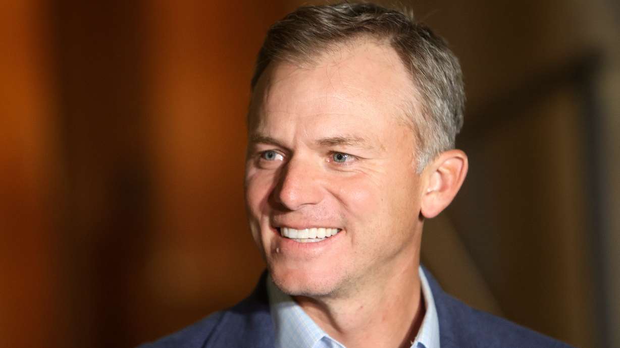 Rep. Blake Moore, R-Utah, talks to members of the media as he waits for election results outside of the Governor’s Mansion in Salt Lake City on Nov. 5. Moore said he will seek reelection as the House GOP conference vice chairman.