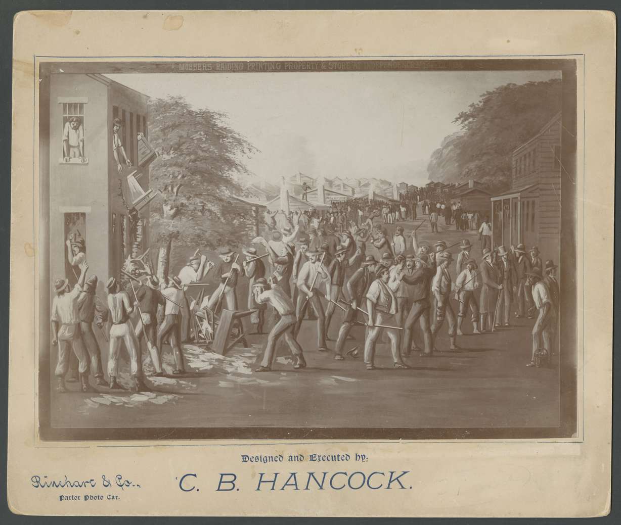 Artist's rendition of the mob, formed by citizens of Jackson County, Missouri, ransacking the church printing shop in the summer of 1833. This mob succeeded that November in driving their "Mormon" neighbors out of the county.