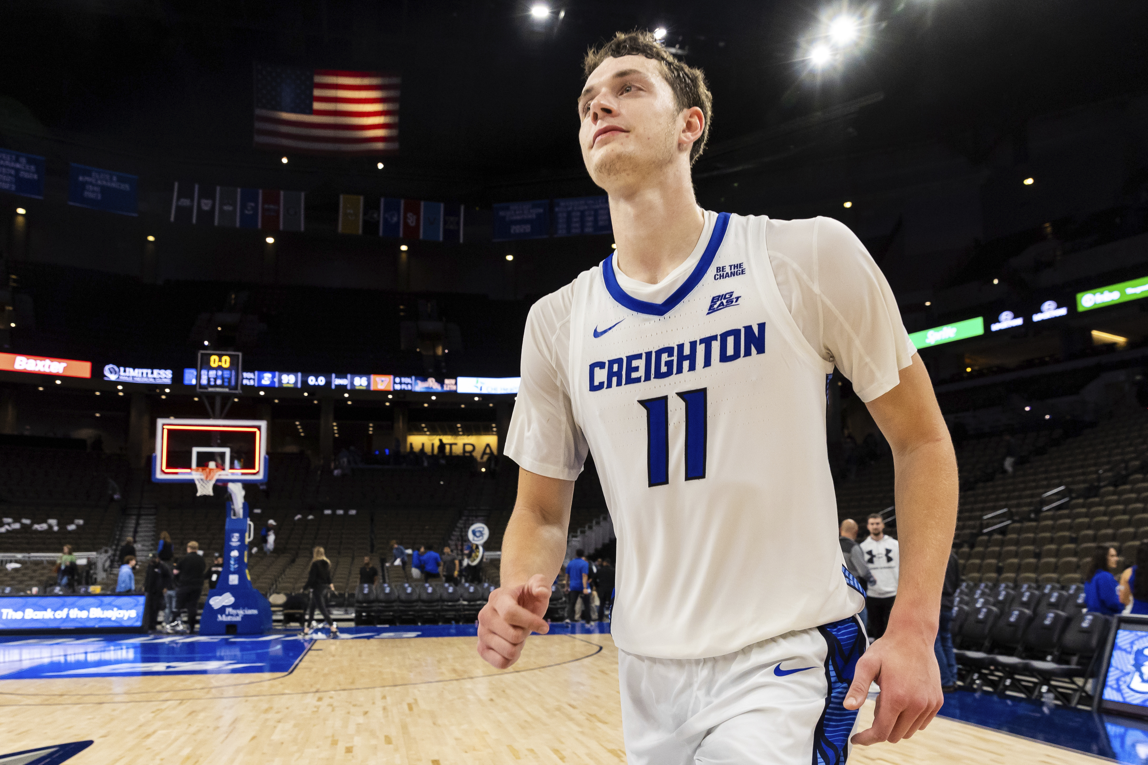 Creighton center Ryan Kalkbrenner (11) runs off the court after an NCAA college basketball game against Texas Rio Grande Valley Wednesday, Nov. 6, 2024, in Omaha, Neb.
