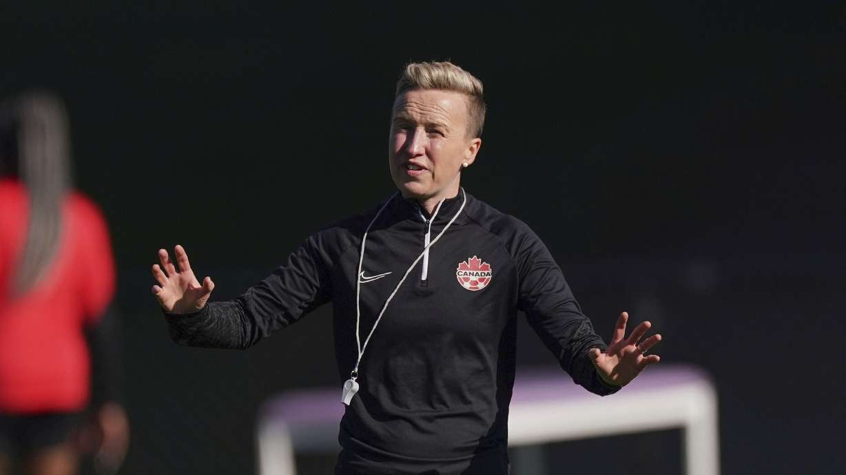 FILE - Canada coach Beverly Priestman gestures during a soccer training session ahead of the FIFA Women's World Cup in Melbourne, Australia, Monday, July 17, 2023.