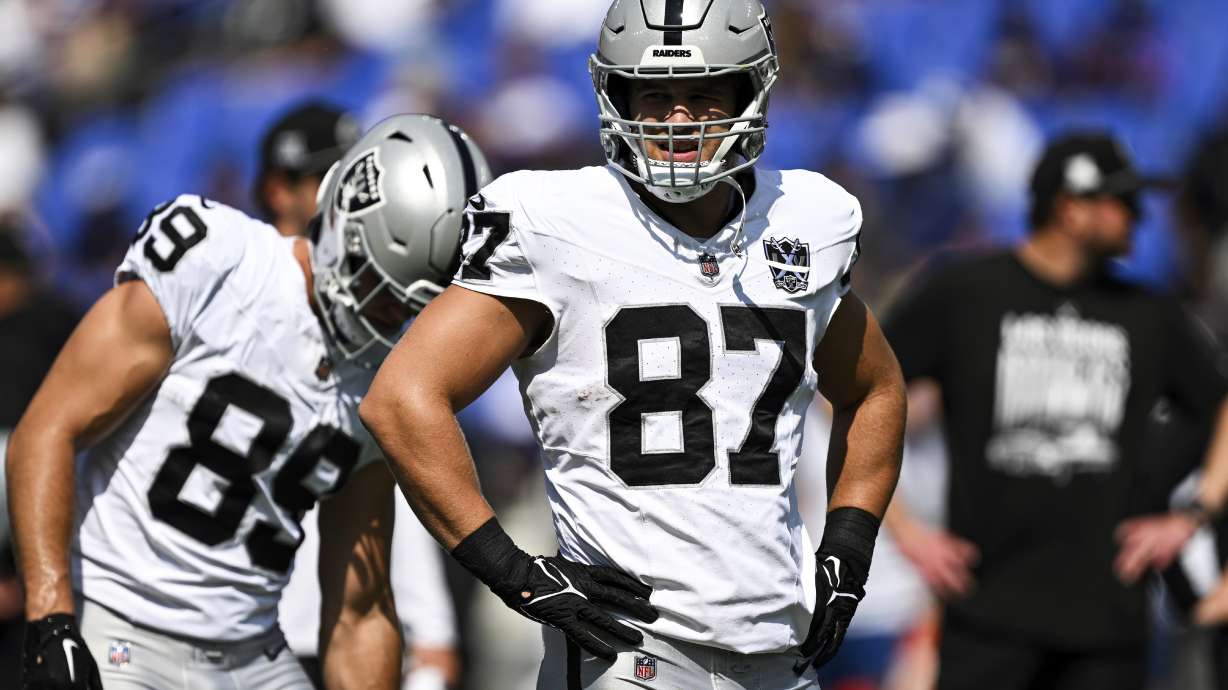 FILE - Las Vegas Raiders tight end Michael Mayer (87) looks on during pre-game warm-ups before an NFL football game against the Baltimore Ravens, Sunday, Sep. 15, 2024, in Baltimore.