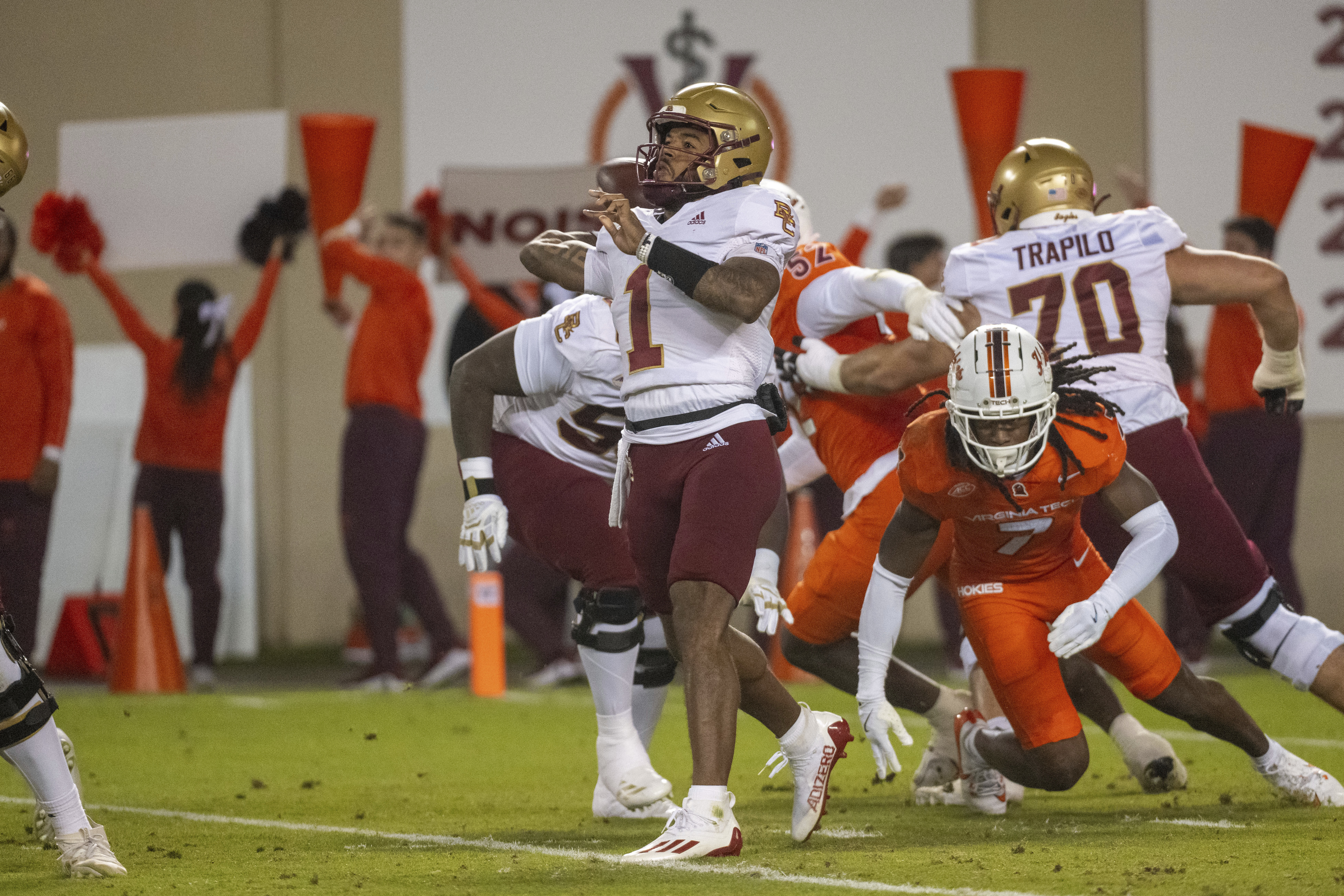 Boston College's Thomas Castellanos throws during the first half of an NCAA college football game against Virginia Tech, Thursday, Oct. 17, 2024, in Blacksburg, Va.