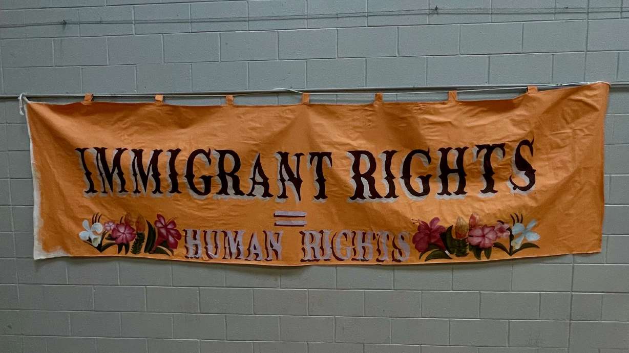 A banner touting the rights of immigrants at the Mexican Civic Center in Salt Lake City on Oct. 18. Utah immigrant advocates say President-elect Donald Trump's election has prompted fear and concern in the community given his tough talk of cracking down on immigrants here illegally.