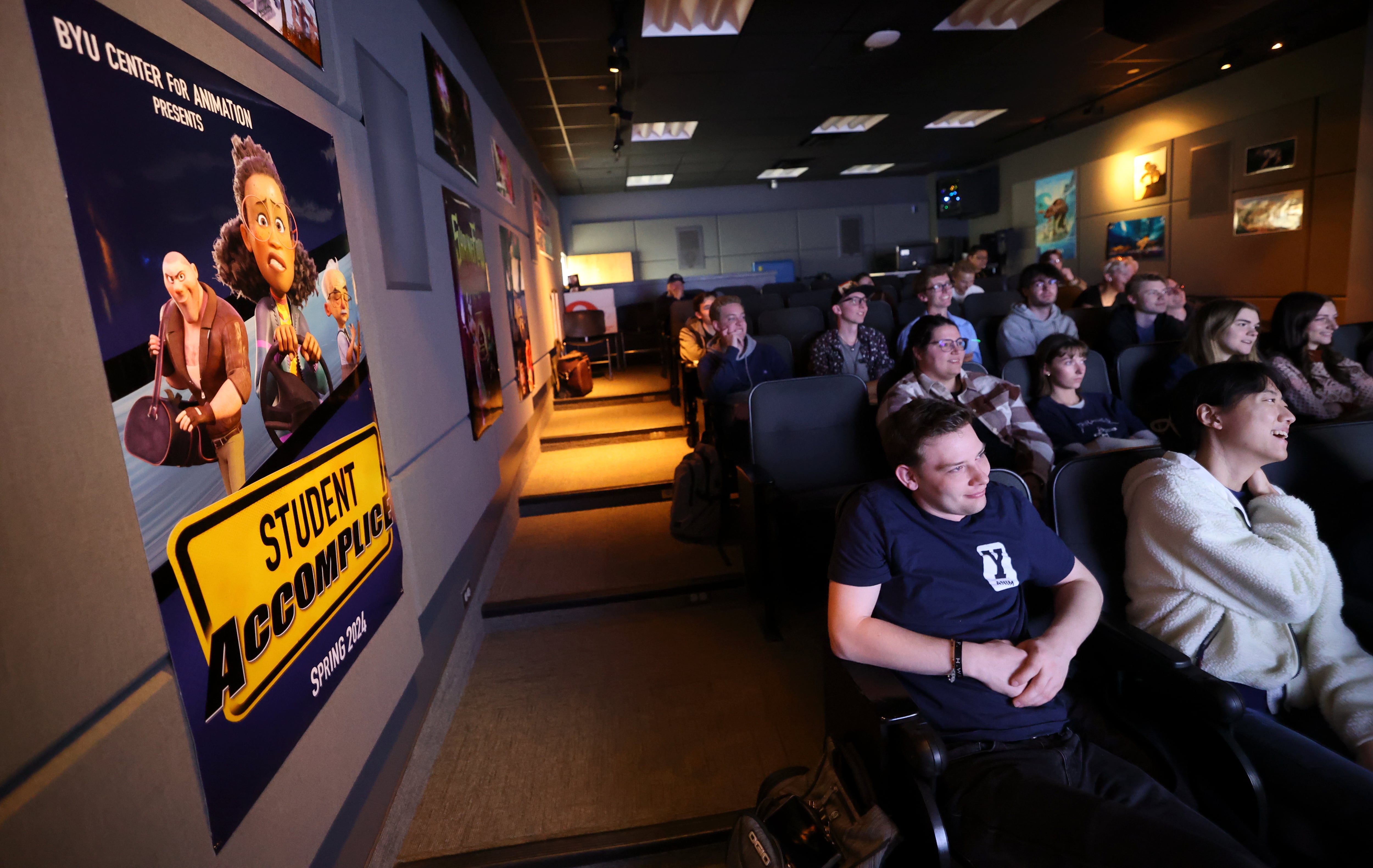 A poster for "Student Accomplice," which was awarded a student Academy Award for an animated short, hangs on the wall during Craig Van Dyke's visual narrative class at BYU in Provo on Monday.