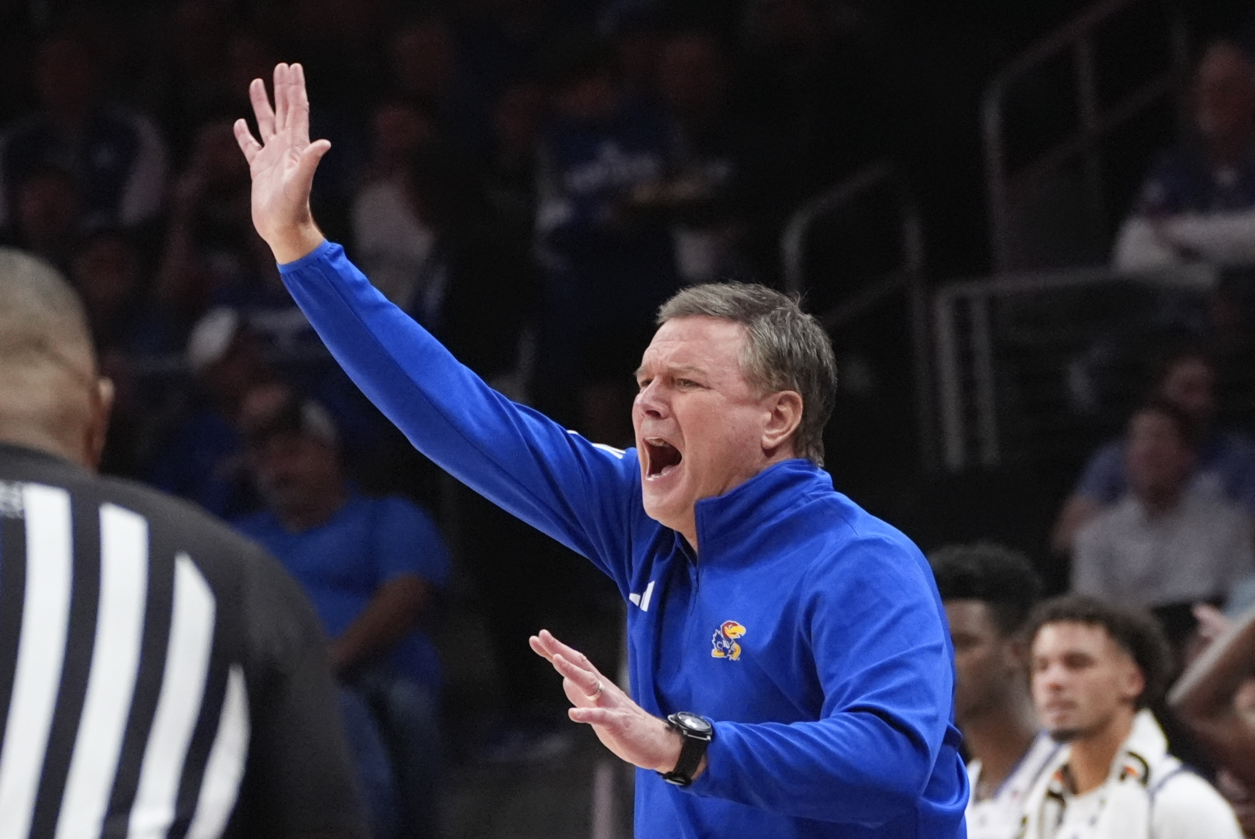 Kansas head coach Bill Self reacts on the sidieline during the first half of an NCAA college basketball game against Michigan State, Tuesday, Nov. 12, 2024, in Atlanta.