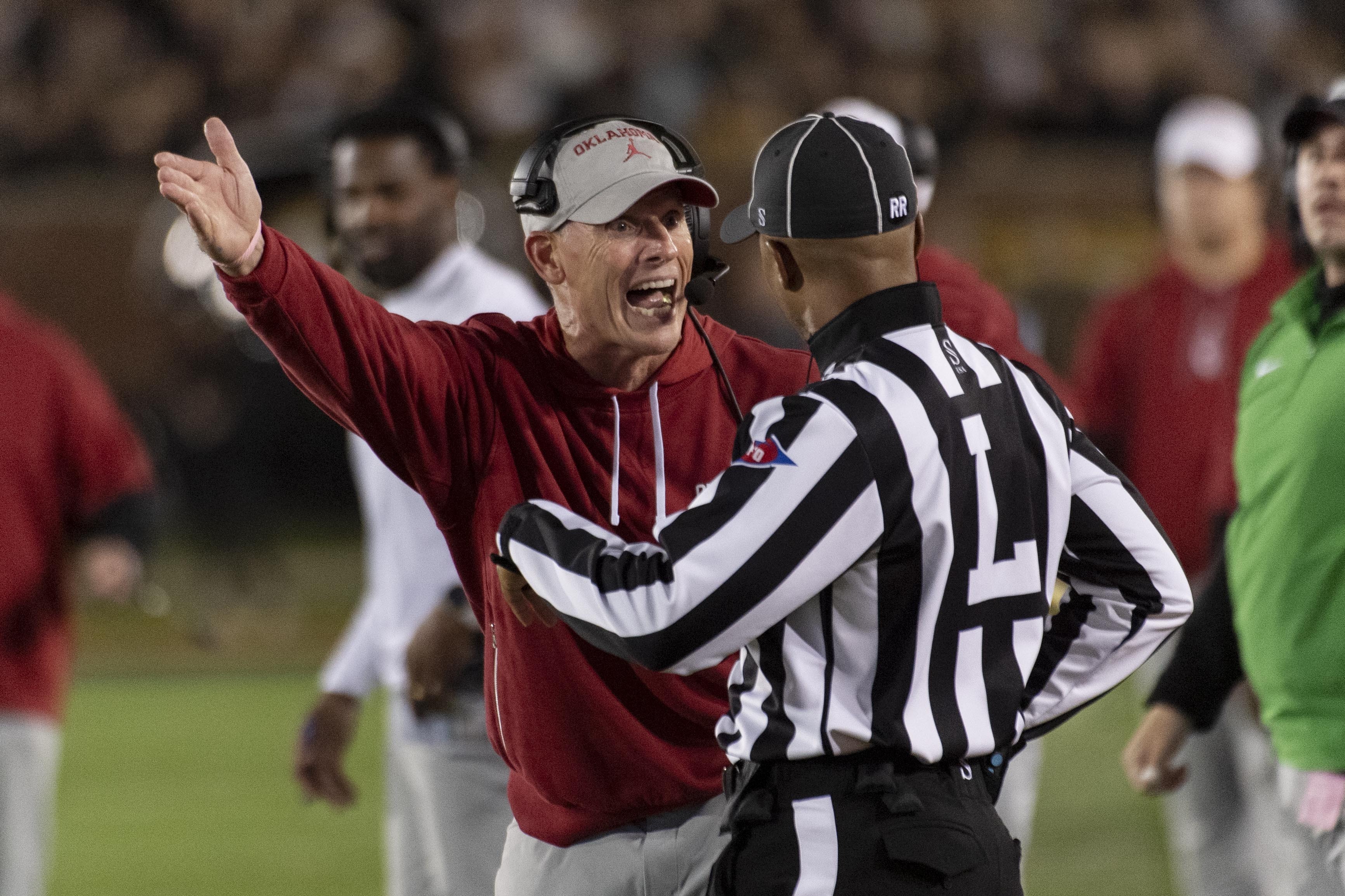 Oklahoma head coach Brent Venables argues a call during the first half of an NCAA college football game against Missouri Saturday, Nov. 9, 2024, in Columbia, Mo.