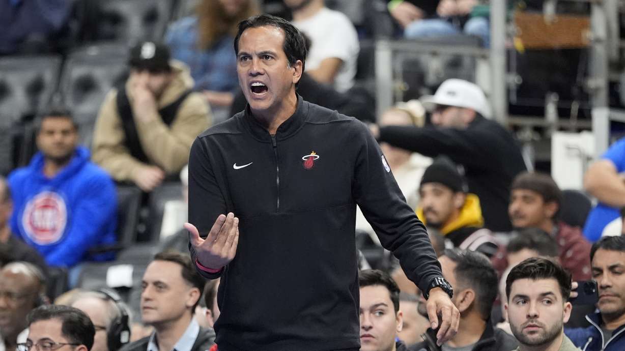 Miami Heat head coach Erik Spoelstra yells during the first half of an Emirates NBA Cup basketball game against the Detroit Pistons, Tuesday, Nov. 12, 2024, in Detroit.