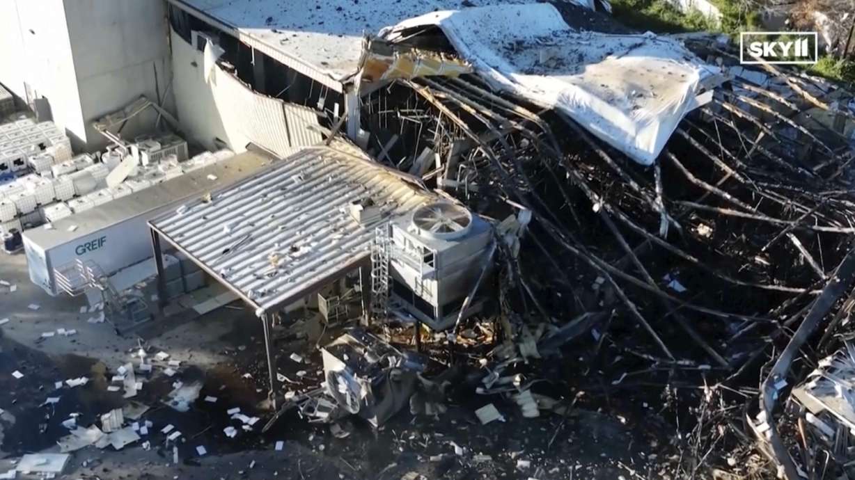 This image taken from video from WHAS 11 News shows damage after an explosion injured multiple employees at Givaudan Sense Color, Tuesday, in Louisville, Ky.