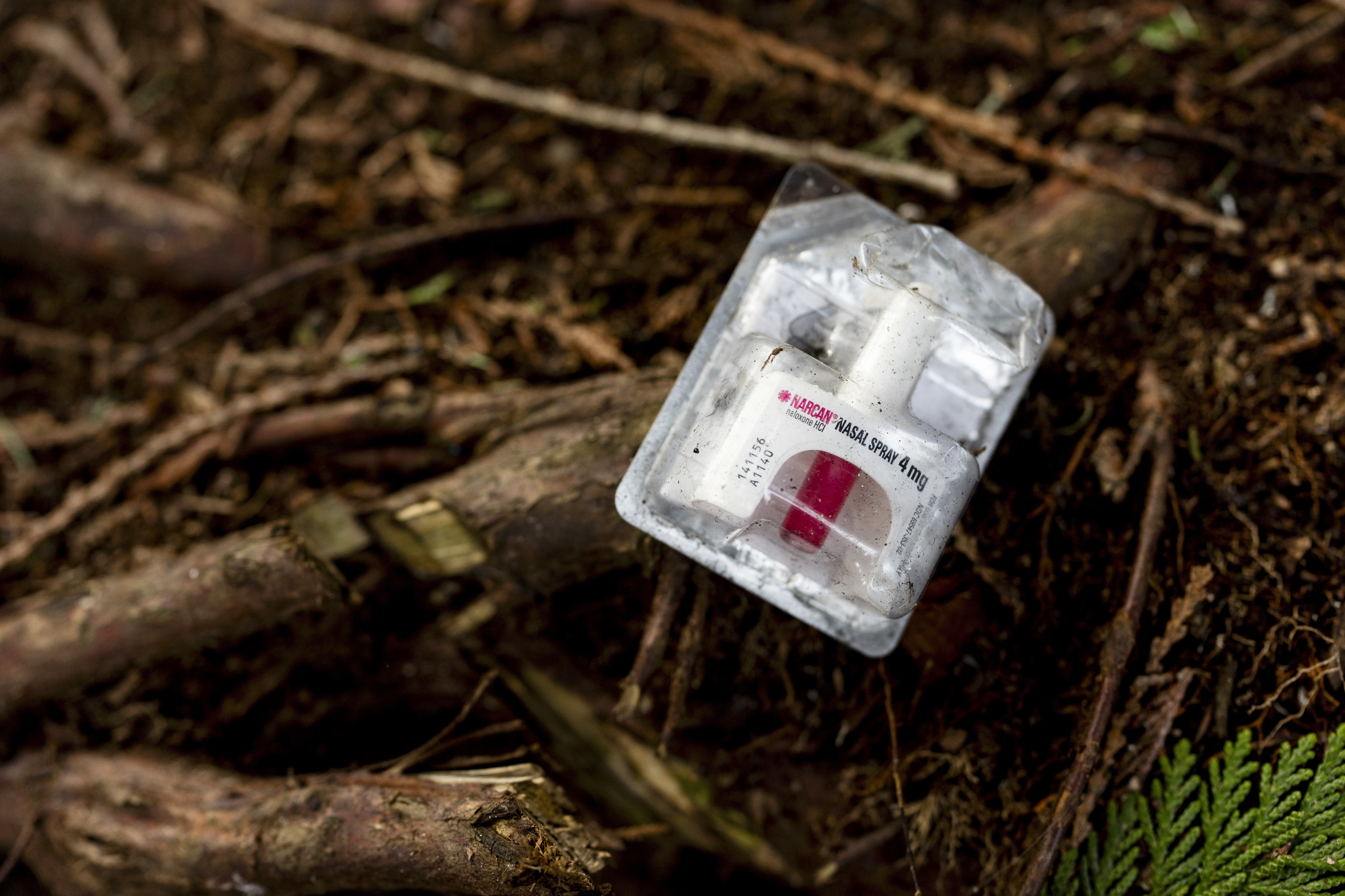 A container of Narcan, or naloxone, sits on tree roots at a longstanding homeless encampment in Bellingham, Wash., on Feb. 8. Drug overdoses in the U.S. appear to be continuing to trend down.