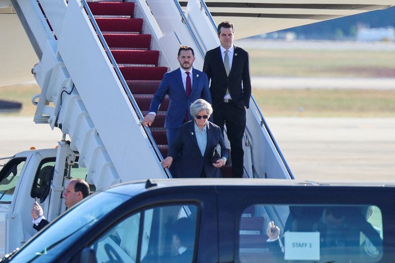 White House Chief of staff-designate Susie Wiles and U.S. Rep. Matt Gaetz, R-Fla., 
arrive at Joint Base Andrews in Maryland on Wednesday.