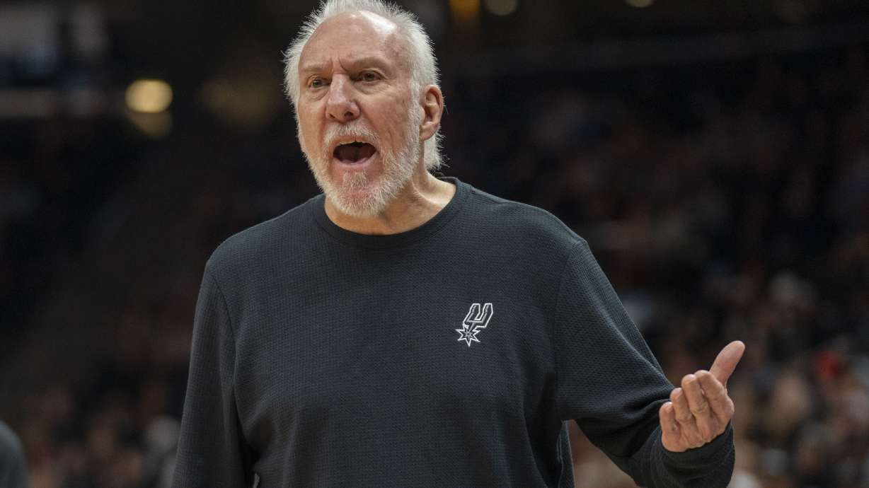 San Antonio Spurs head coach Gregg Popovich reacts after a call by the official, during the second half of an NBA basketball game, Thursday, Oct. 31, 2024, in Salt Lake City.