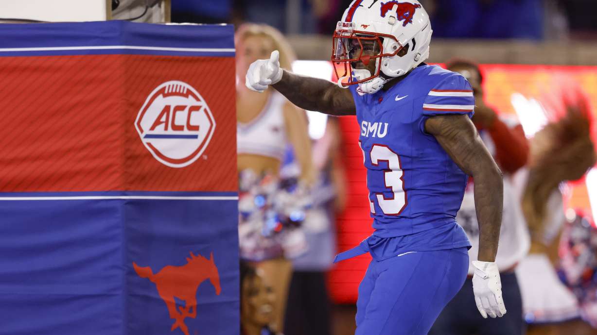 SMU wide receiver Roderick Daniels Jr. (13) celebrates after scoring a rushing touchdown during the first half of an NCAA college football game against Pittsburgh in Dallas, Saturday, Nov. 2, 2024.