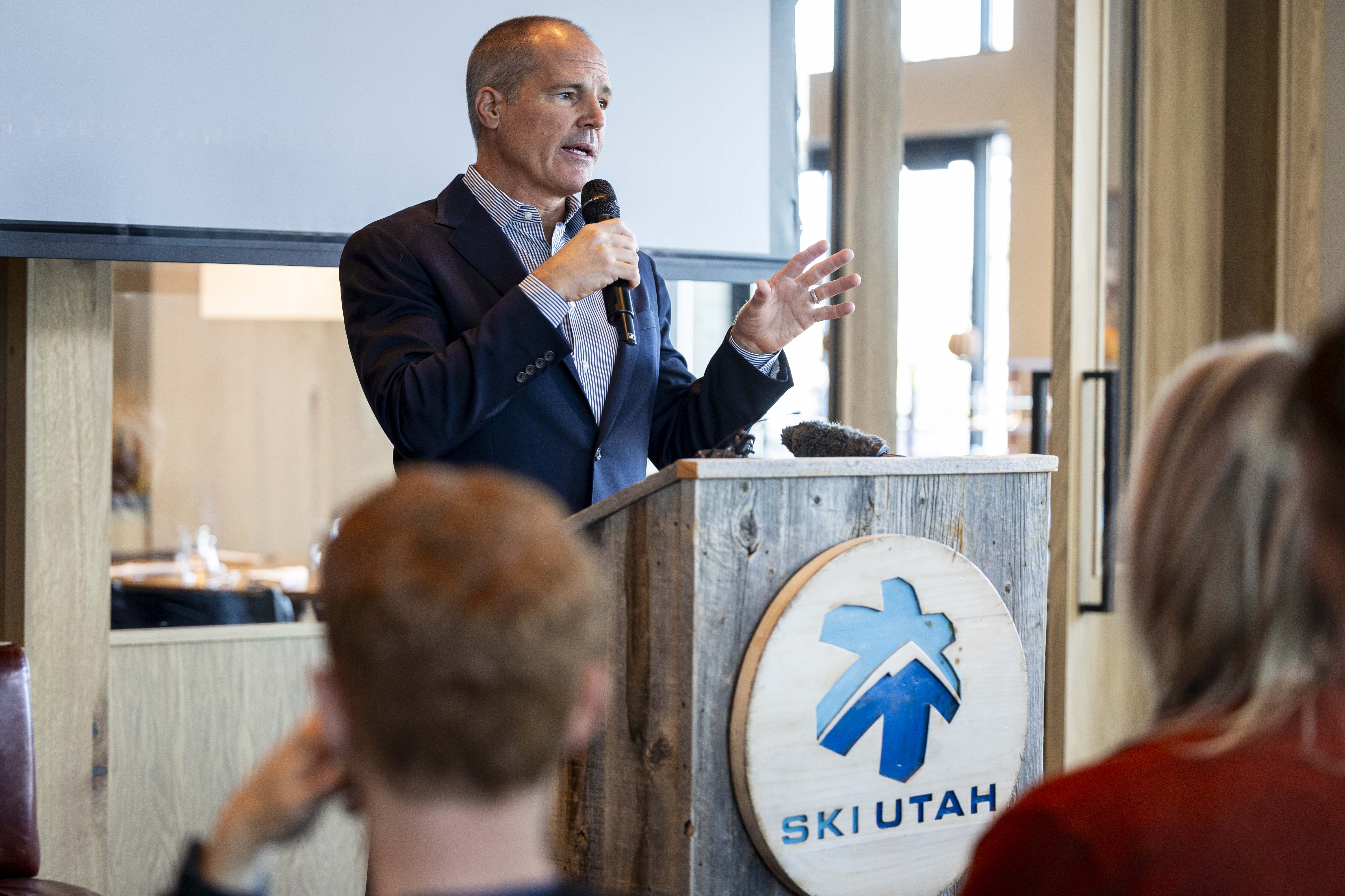 Nathan Rafferty, president and CEO at Ski Utah, speaks during a press conference held by Ski Utah and their resort partners at Urban Hill in Salt Lake City on Wednesday.