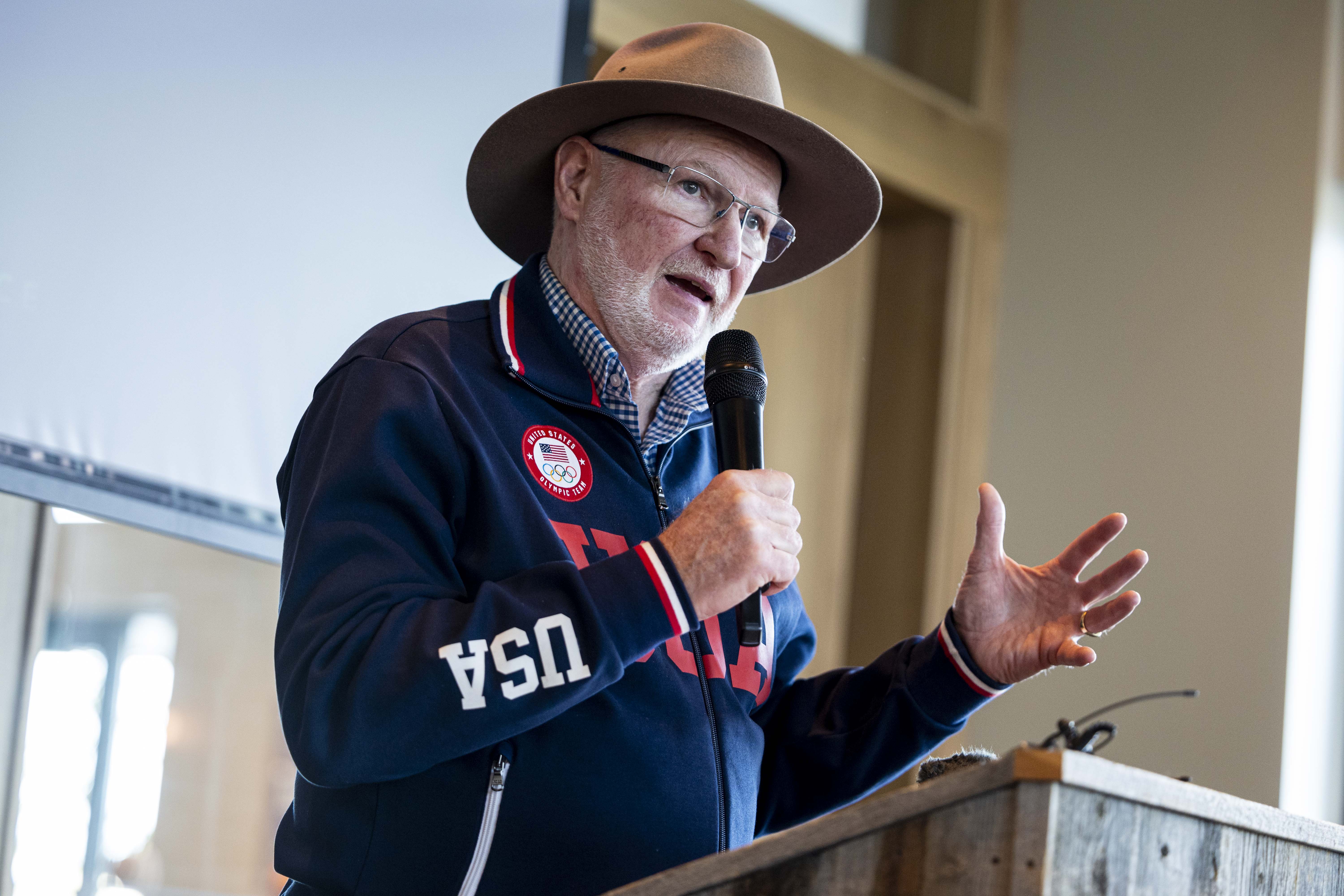 Tom Kelly, longtime spokesperson for the U.S. Ski and Snowboard Team who retired in 2018, speaks during a press conference held by Ski Utah and their resort partners at Urban Hill in Salt Lake City on Wednesday.