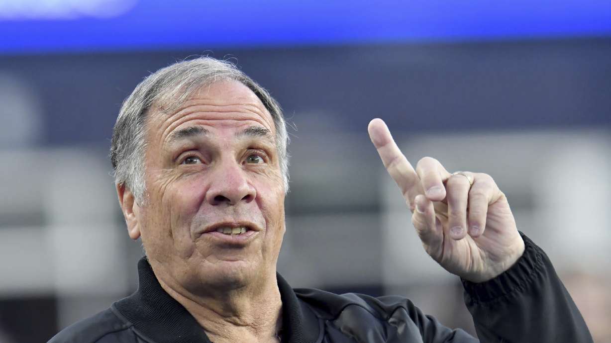 FILE - Then-New England Revolution coach Bruce Arena gestures on the sideline in the first half of an MLS soccer match against CF Montreal, Saturday, April 8, 2023, in Foxborough, Mass.