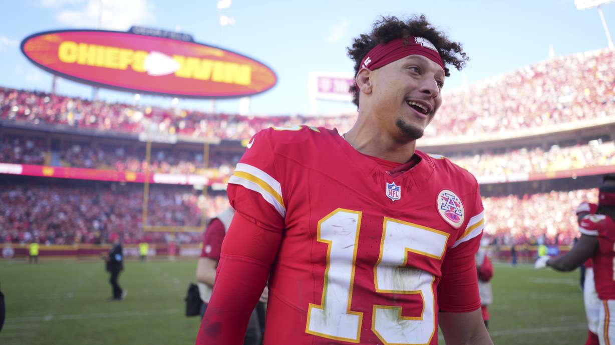 Kansas City Chiefs quarterback Patrick Mahomes smiles following an NFL football game against the Denver Broncos Sunday, Nov. 10, 2024, in Kansas City, Mo. The Chiefs won 16-14.