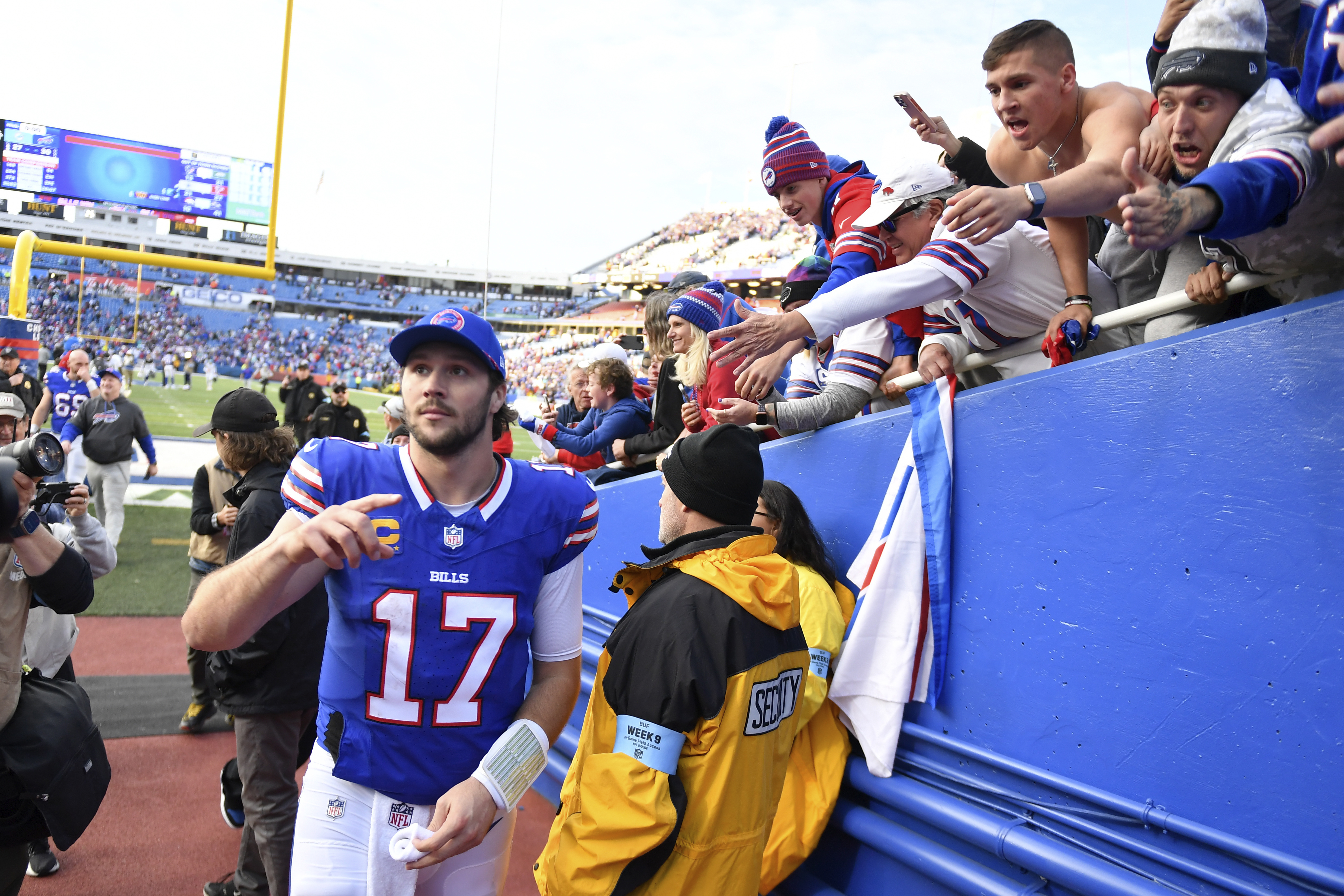Buffalo Bills quarterback Josh Allen goes off the field after an NFL football game against the Miami Dolphins, Sunday, Nov. 3, 2024, in Orchard Park, N.Y.