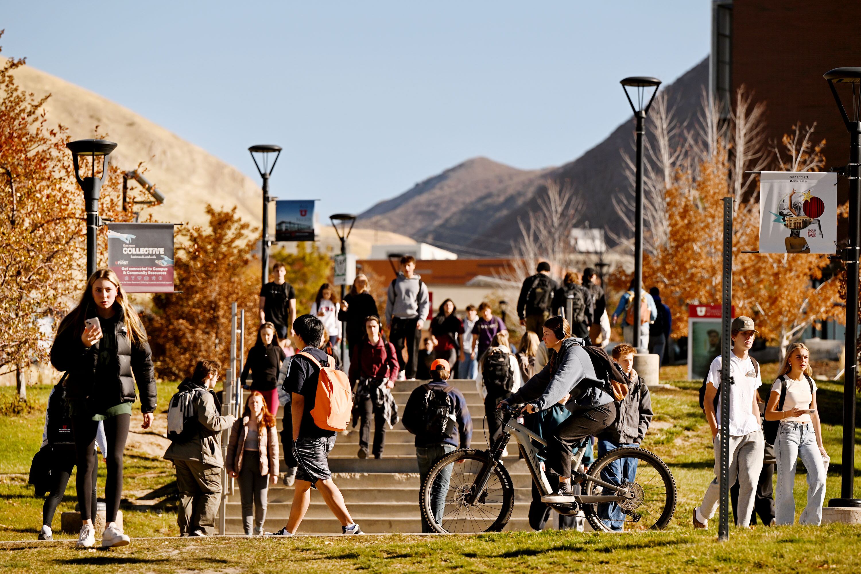 University of Utah students walk around the campus on Monday.