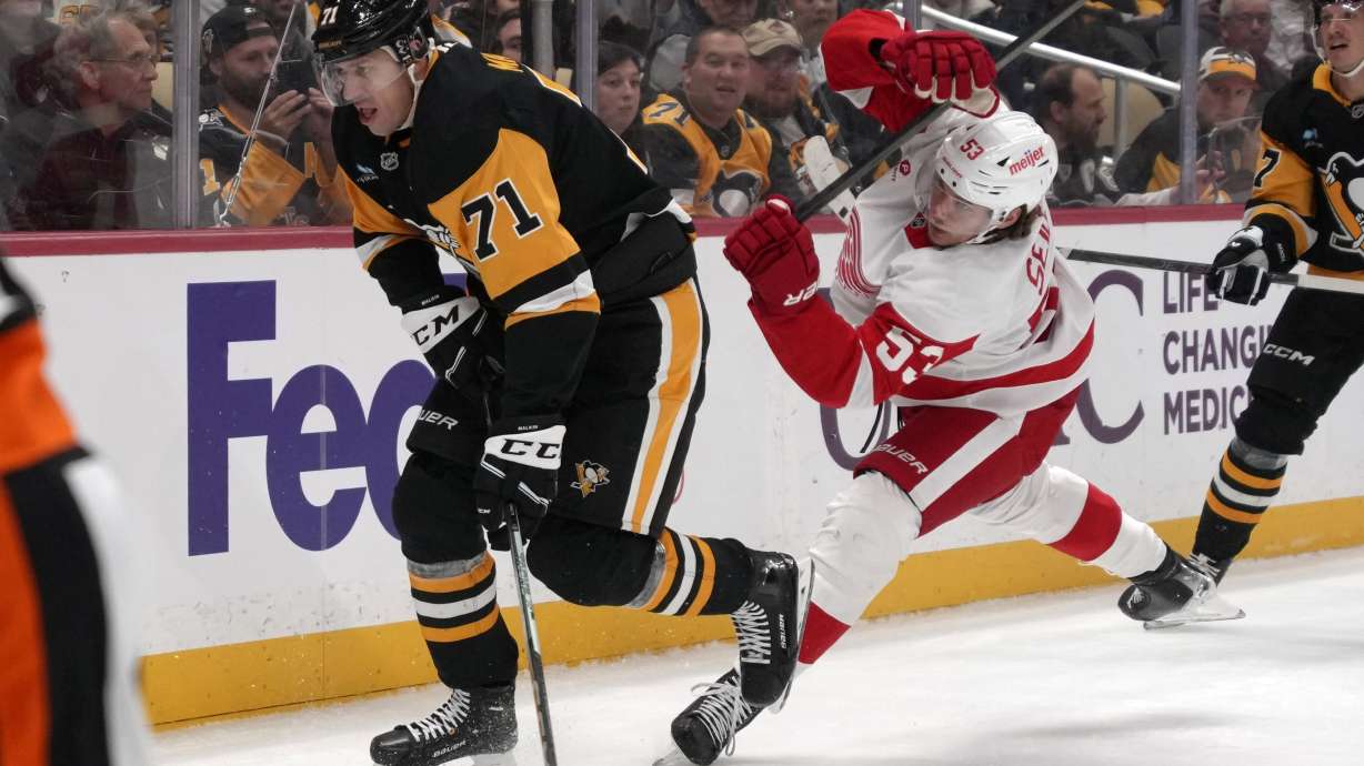Detroit Red Wings' Moritz Seider (53) defends Pittsburgh Penguins' Evgeni Malkin (71) during the second period of an NHL hockey game Wednesday, Nov. 13, 2024, in Pittsburgh.