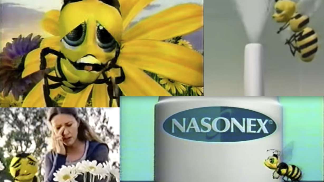 This combination of images from video shows scenes from Nasonex television commercials broadcast in the U.S. in the 2000s. A study found advertisers might be using tactics to distract viewers from listed side affects.