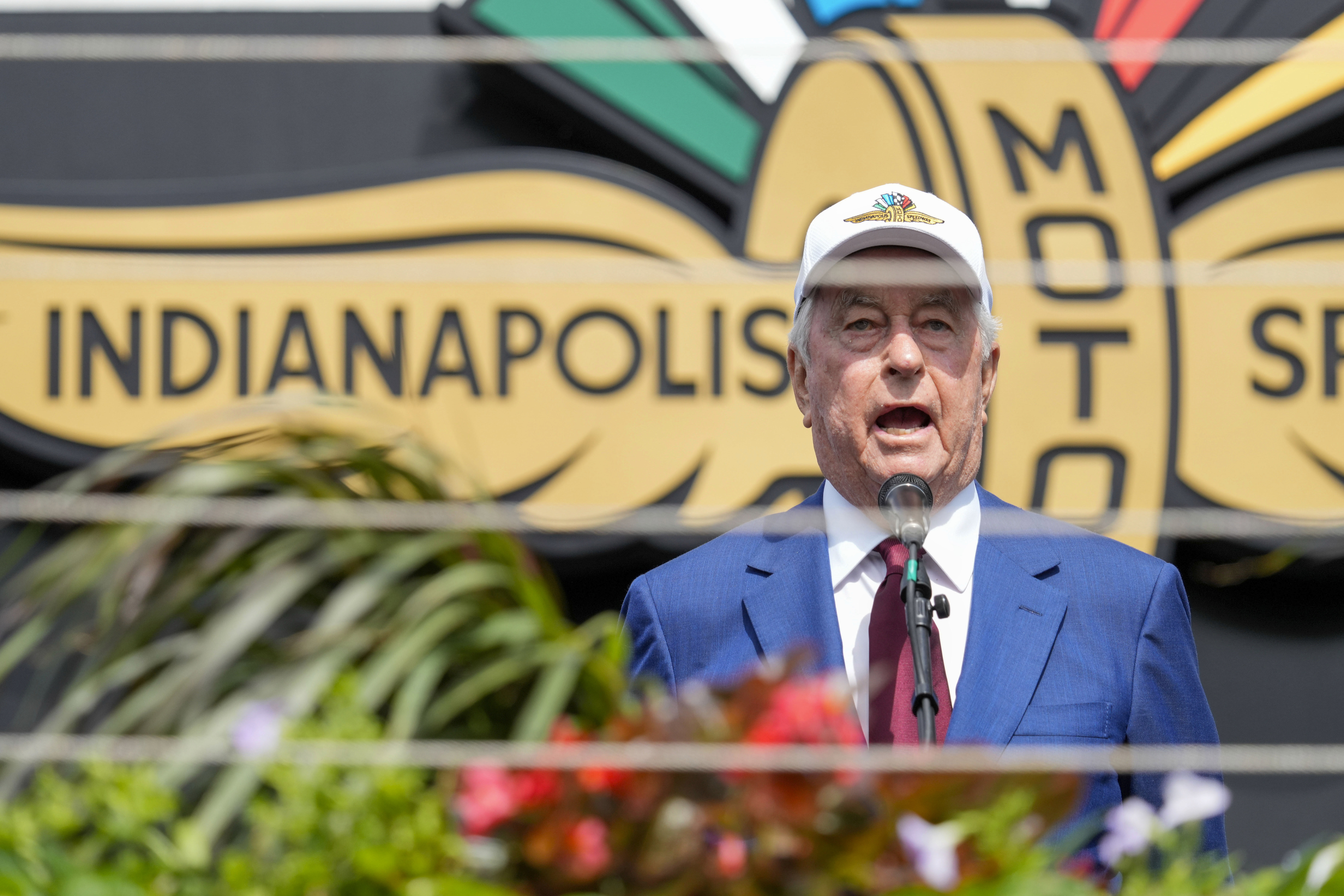 FILE - Indianapolis Motor Speedway owner Roger Penske delivers the command before the Indianapolis 500 auto race at Indianapolis Motor Speedway in Indianapolis, May 26, 2024.