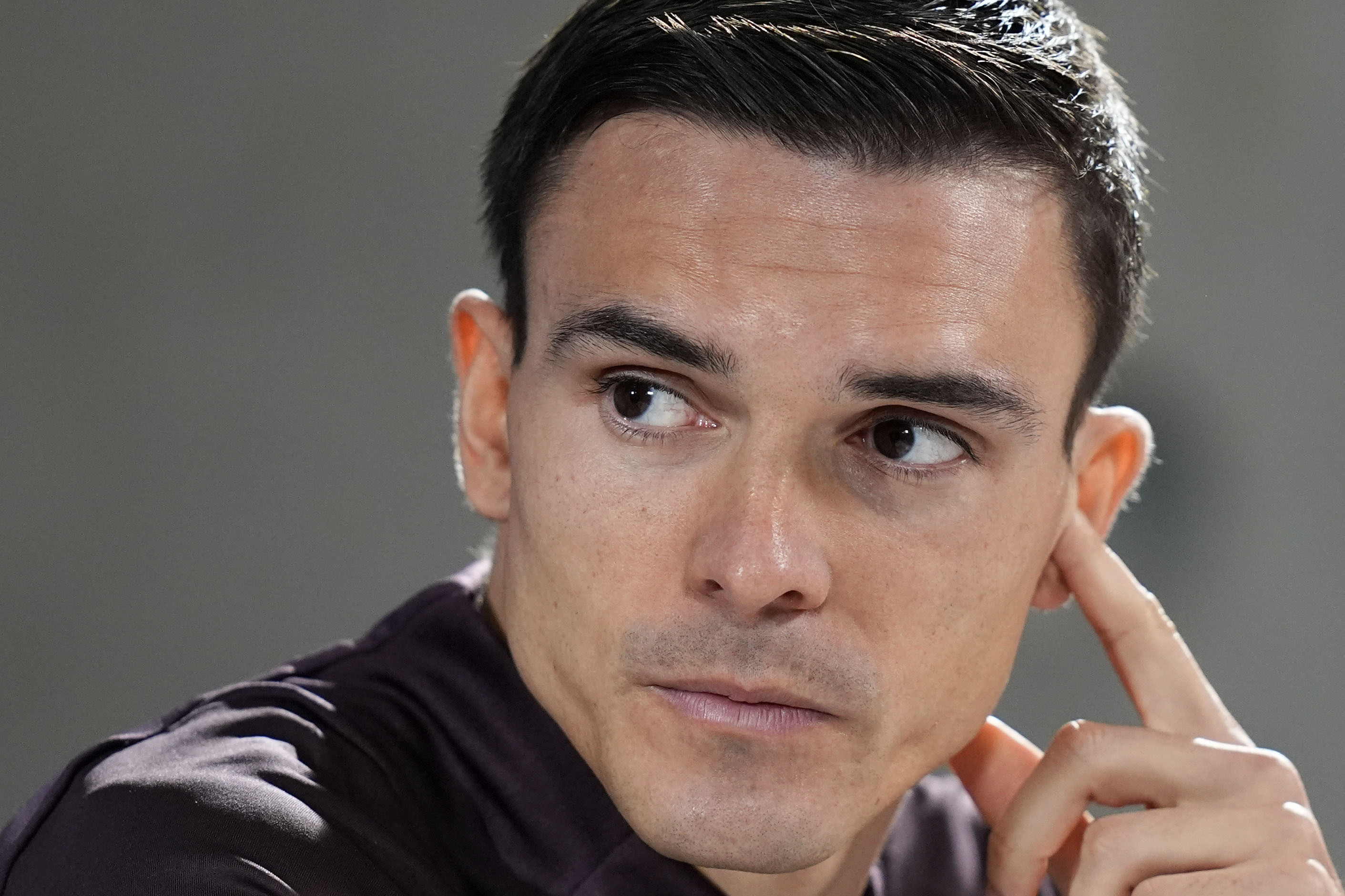 Bayern's Joao Palhinha attends a news conference in Munich, Germany, Tuesday, Nov. 5, 2024, ahead of the Champions League opening phase soccer match between FC Bayern and Benfica Lisbon.