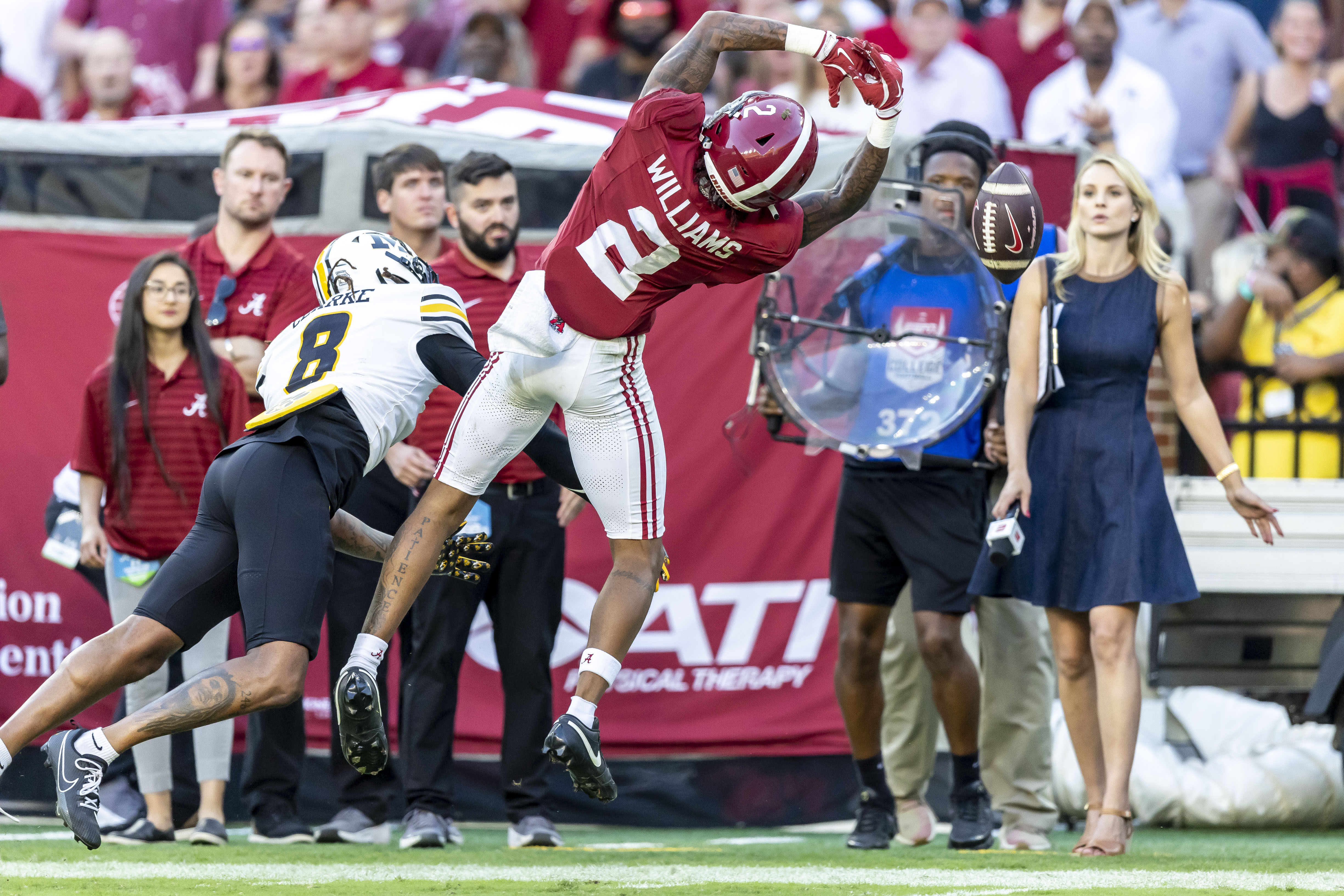Missouri cornerback Marcus Clarke (8) defends against a pass to Alabama wide receiver Ryan Williams (2) during the second half of an NCAA college football game, Saturday, Oct. 26, 2024, in Tuscaloosa, Ala.