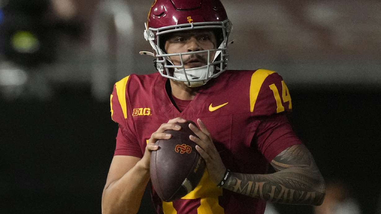 FILE - Southern California quarterback Jayden Maiava gets set to pass during the second half of an NCAA college football game against Utah State, Saturday, Sept. 7, 2024, in Los Angeles.