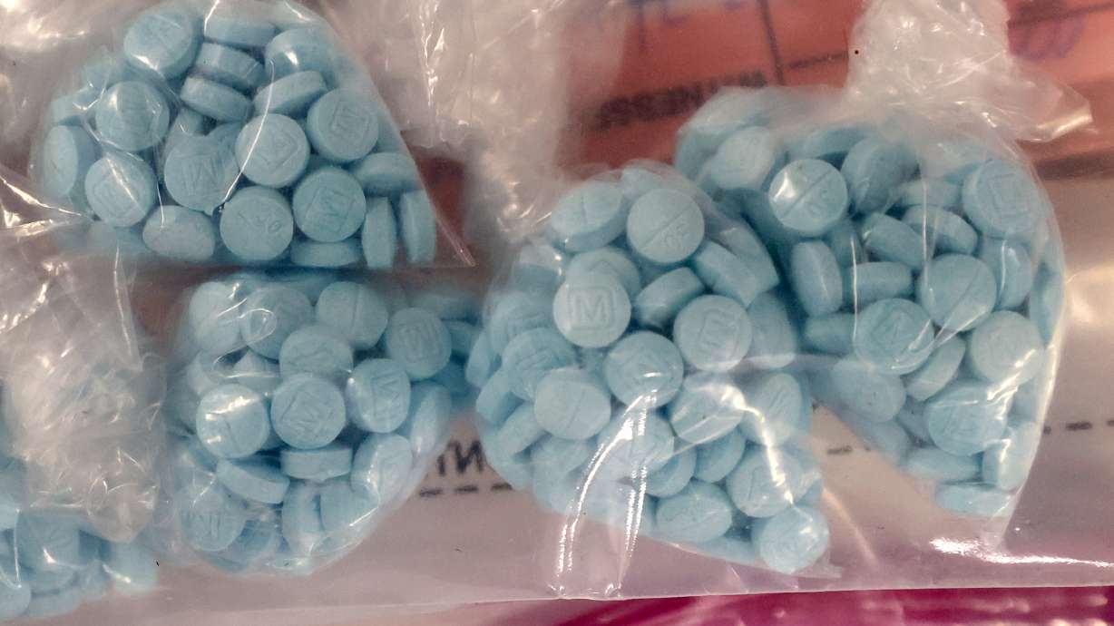 Seized fentanyl pills are displayed at the Drug Enforcement Administration in Salt Lake City on July 25. Utah's new Fentanyl Task Force met for the first time Thursday.