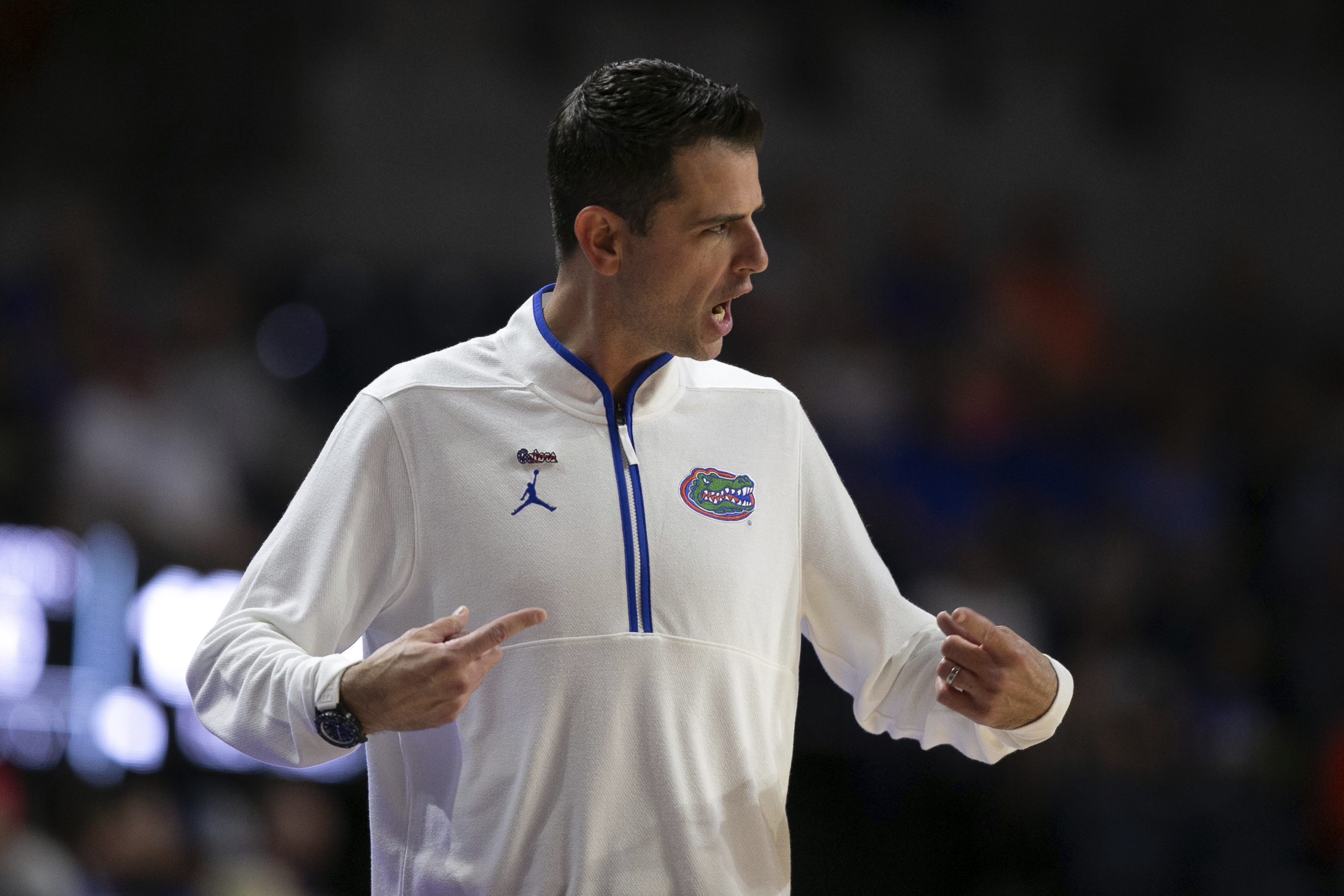 Florida head coach Todd Golden coaches during the first half of an NCAA college basketball game against Grambling State, Monday, Nov. 11, 2024, in Gainesville, Fla.