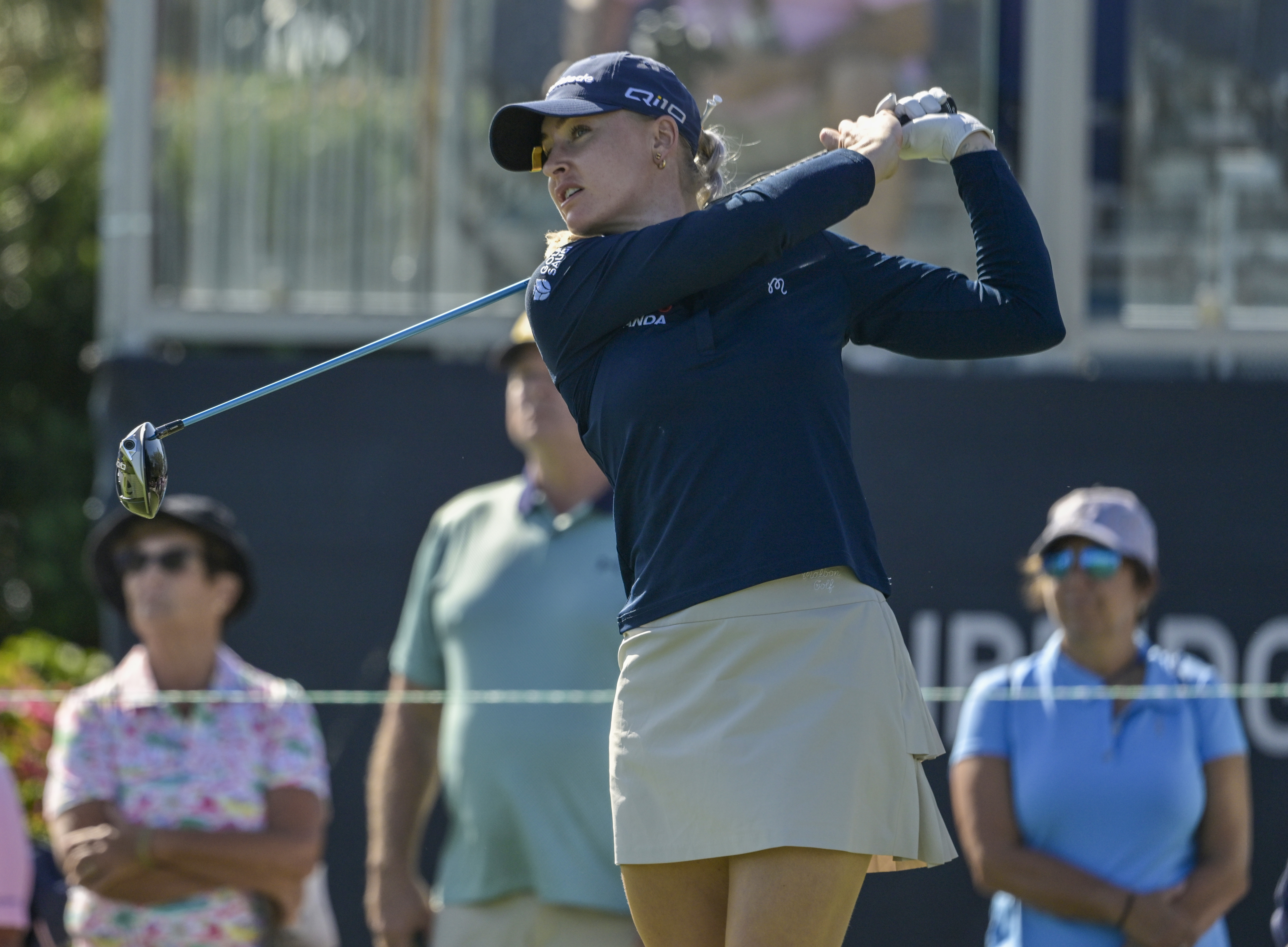 Charley Hull of England hits her tee shot on the first hole during the first round of the The Annika golf tournament at Pelican Golf Club, Thursday, Nov. 14, 2024, in Belleair, Fla. 