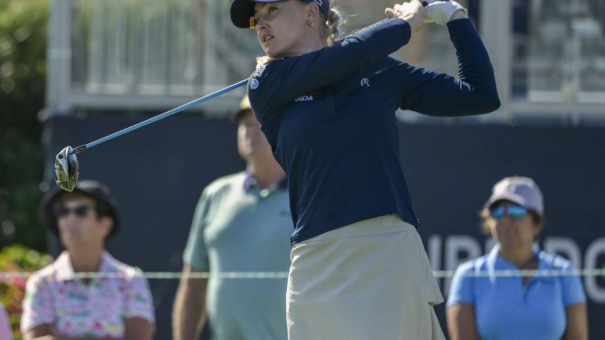 Charley Hull of England hits her tee shot on the first hole during the first round of the The Annika golf tournament at Pelican Golf Club, Thursday, Nov. 14, 2024, in Belleair, Fla.
