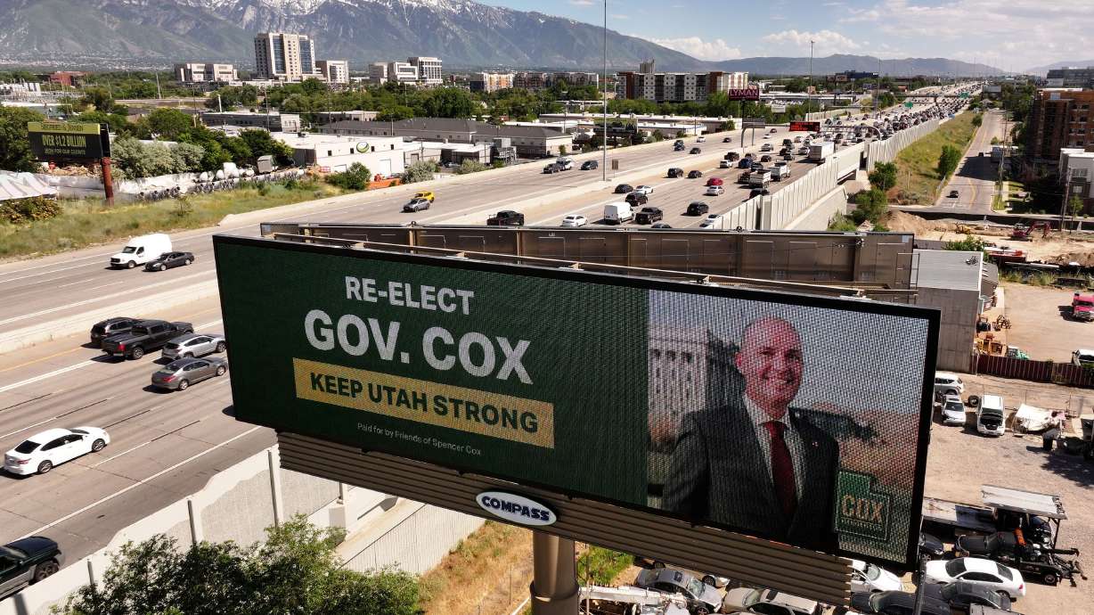 A campaign billboard for Gov. Spencer Cox on I-15 in Salt Lake County on June 6. Big money is spent on elections in many states, including Utah, which doesn't come close to being a state with the most expensive races.