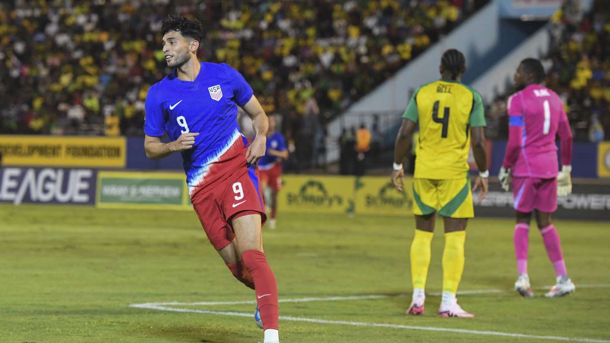 United States' Ricardo Pepi celebrates scoring his side's first goal against Jamaica during a CONCACAF Nations League quarterfinal first leg soccer match in Kingston, Jamaica, Thursday, Nov. 14, 2024.