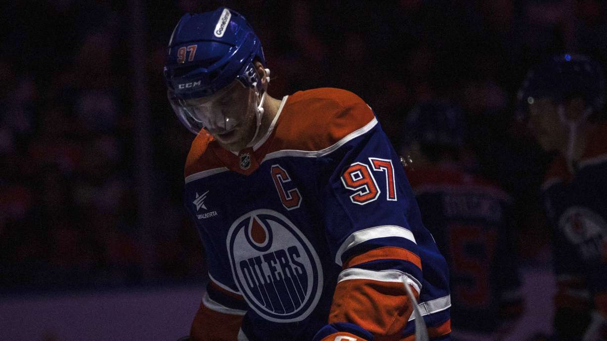 Edmonton Oilers' Connor McDavid skates prior to NHL hockey game action against the Nashville Predators in Edmonton, Alberta, Thursday, Nov. 14, 2024.