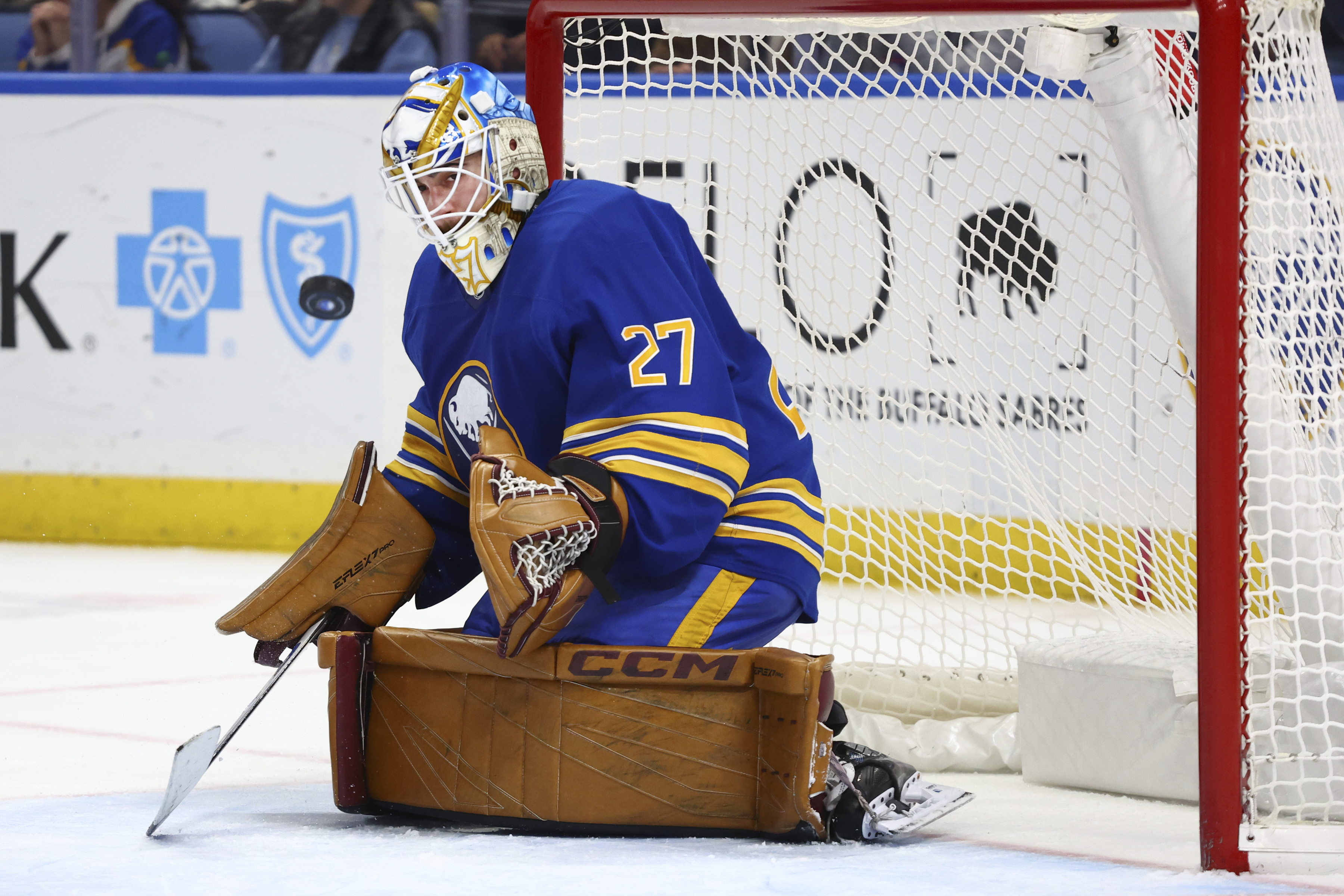 Buffalo Sabres goaltender Devon Levi makes a save during the second period of an NHL hockey game against the St. Louis Blues, Thursday, Nov. 14, 2024, in Buffalo, N.Y.