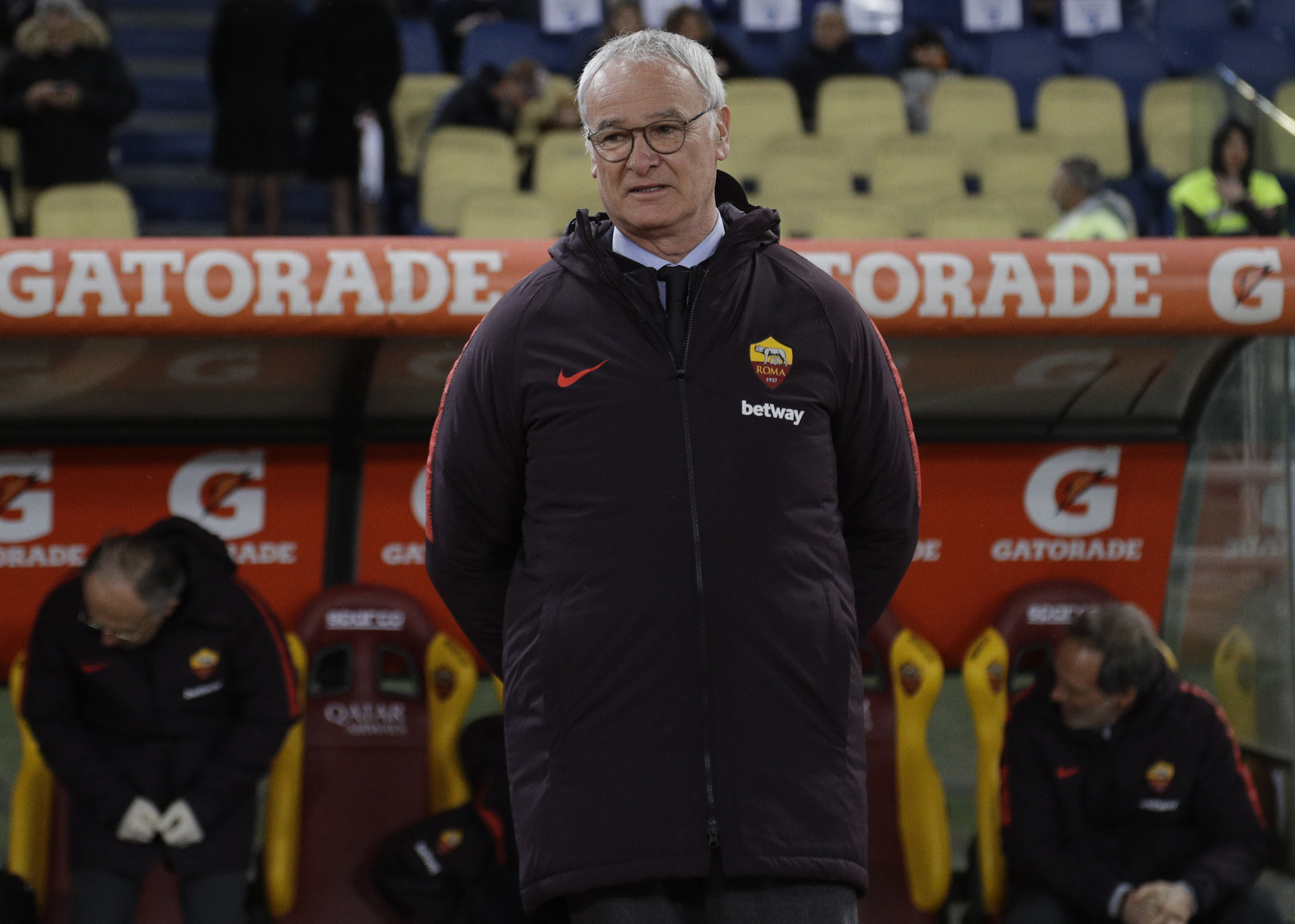 FILE - Claudio Ranieri enters the field prior to an Italian Serie A soccer match between Roma and Empoli, at the Olympic stadium in Rome, on March 11, 2019. 