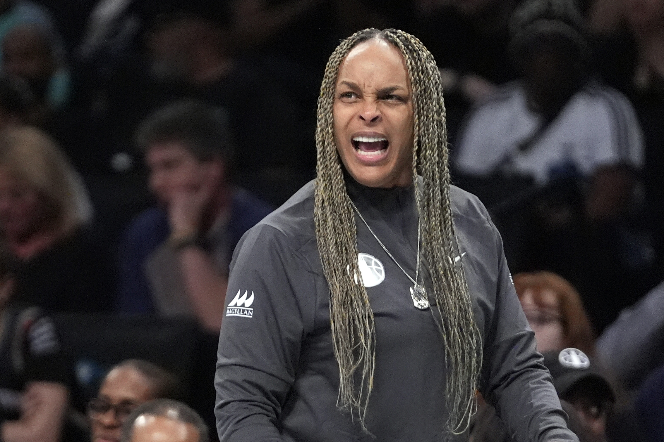 FILE - Chicago Sky coach Teresa Weatherspoon calls out to players during the first half of the team's WNBA basketball game against the New York Liberty, May 23, 2024, in New York. 