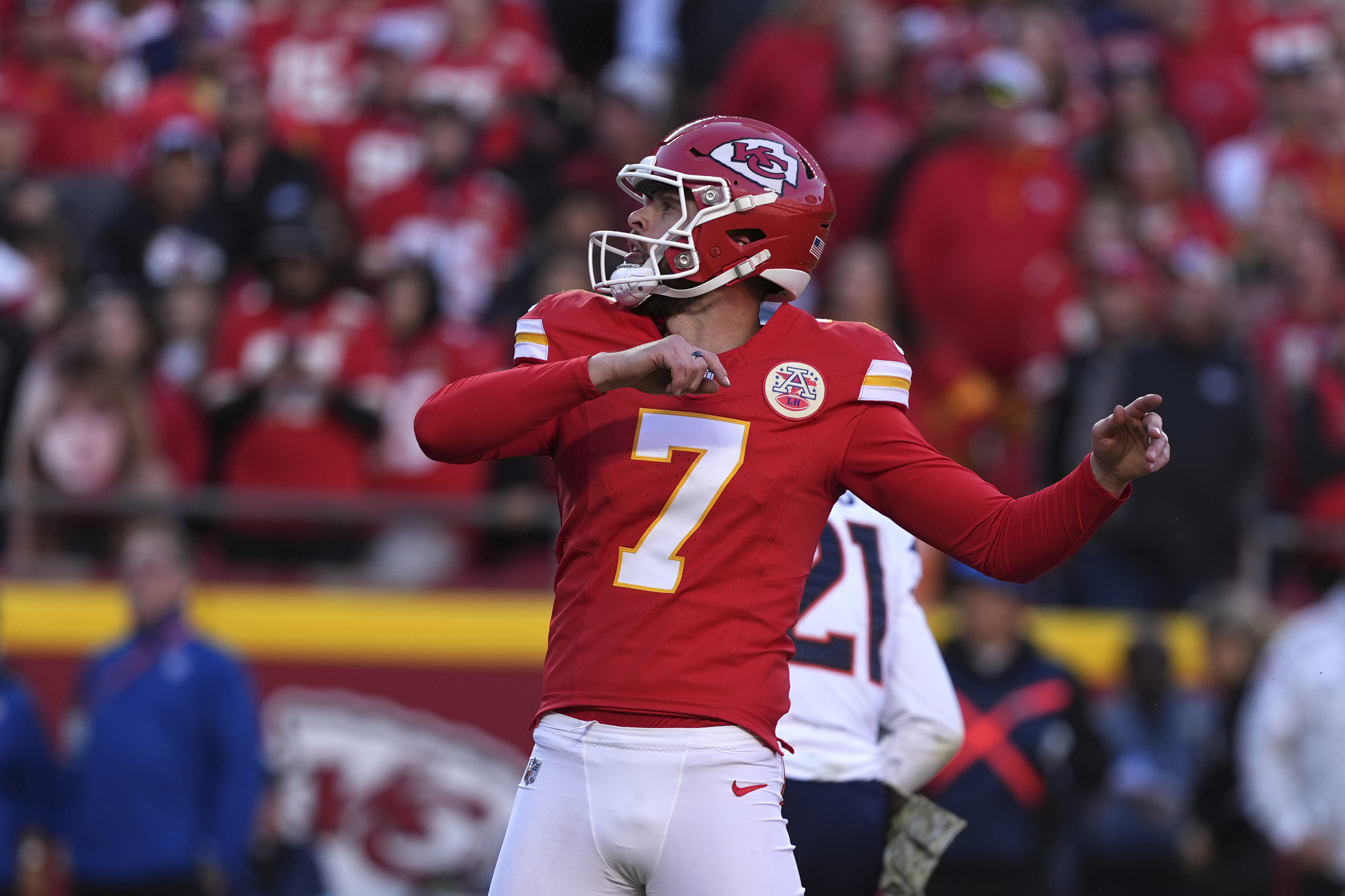 Kansas City Chiefs kicker Harrison Butker watches his 20-yard field goal during the second half of an NFL football game against the Denver Broncos Sunday, Nov. 10, 2024, in Kansas City, Mo. 