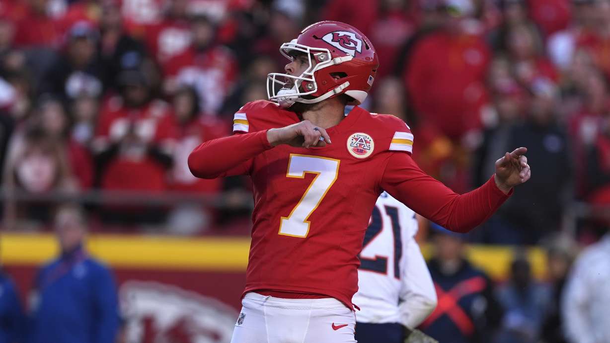 Kansas City Chiefs kicker Harrison Butker watches his 20-yard field goal during the second half of an NFL football game against the Denver Broncos Sunday, Nov. 10, 2024, in Kansas City, Mo.