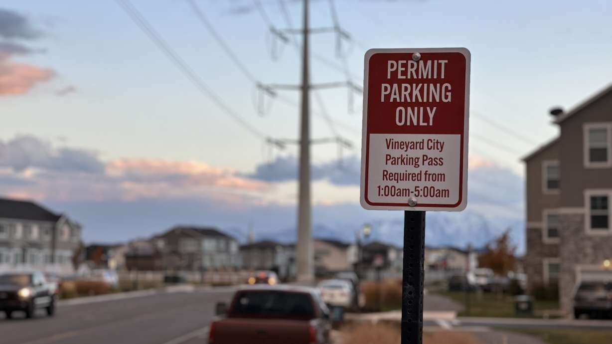 A city sign displays parking restrictions on 300 West in Vineyard Friday. Residents shared concern for lack of parking in a City Council meeting Wednesday.