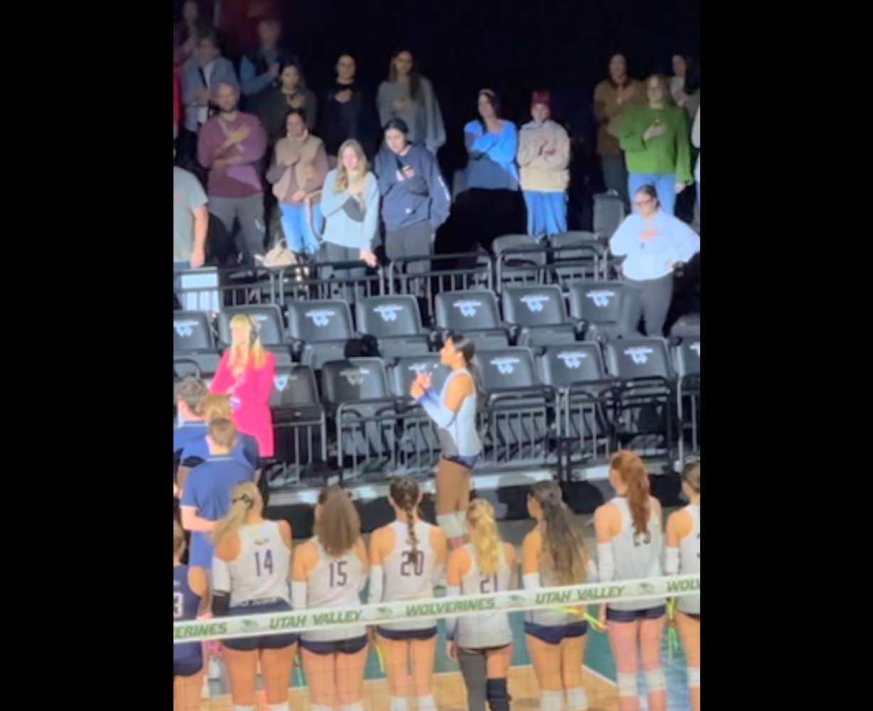 Liana Latu, of Skyline High School, sings the National Anthem before helping her team to win the 5-A State title on Nov. 8.