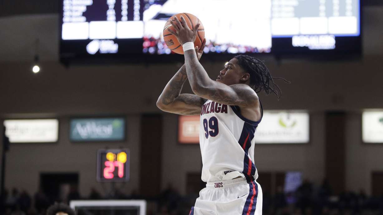 Gonzaga guard Khalif Battle (99) shoots during the second half of an NCAA college basketball game against UMass-Lowell, Friday, Nov. 15, 2024, in Spokane, Wash.
