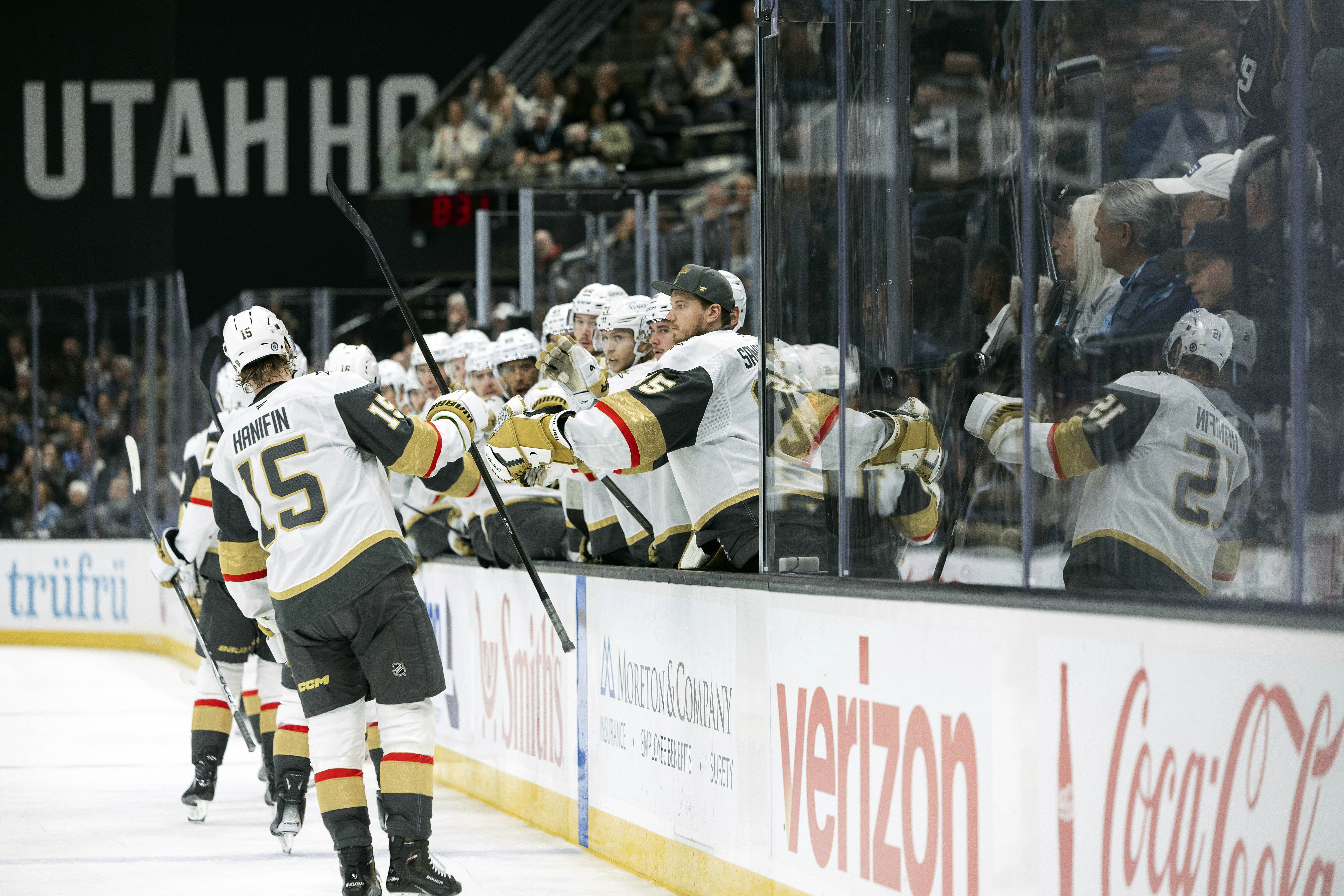 Vegas Golden Knights celebrate center Tomas Hertl (48) goal against Utah Hockey Club during the second period of an NHL hockey game, Friday, Nov. 15, 2024, in Salt Lake City. 